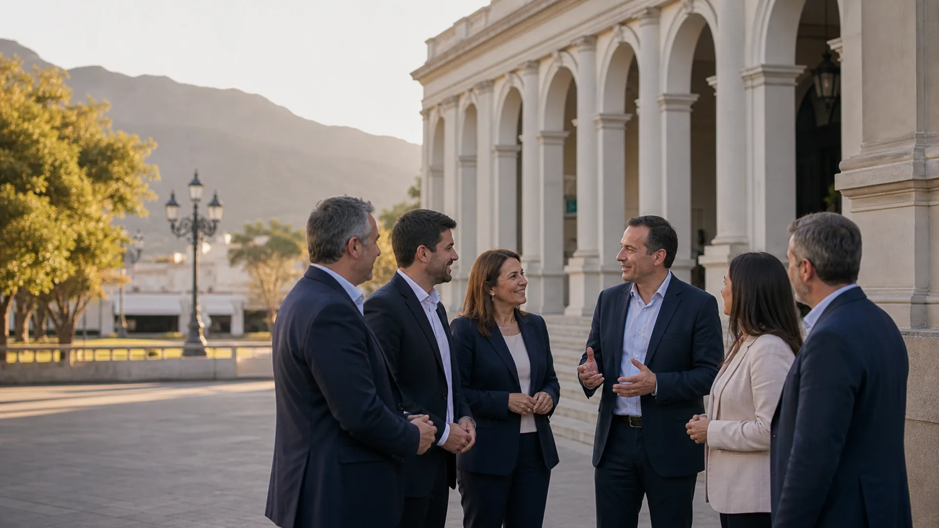 Dirigentes políticos reunidos frente a un edificio público de Catamarca